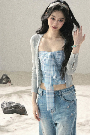 Blue Danube Plaid Bow Tube Top Set-Up
