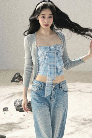 Blue Danube Plaid Bow Tube Top Set-Up