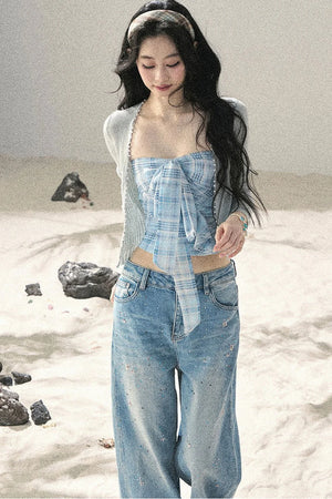 Blue Danube Plaid Bow Tube Top Set-Up