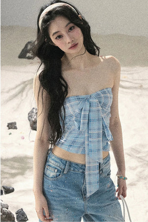 Blue Danube Plaid Bow Tube Top Set-Up