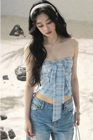 Blue Danube Plaid Bow Tube Top Set-Up