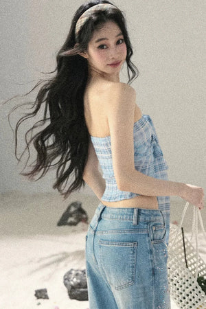 Blue Danube Plaid Bow Tube Top Set-Up