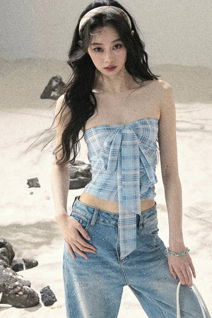 Blue Danube Plaid Bow Tube Top Set-Up