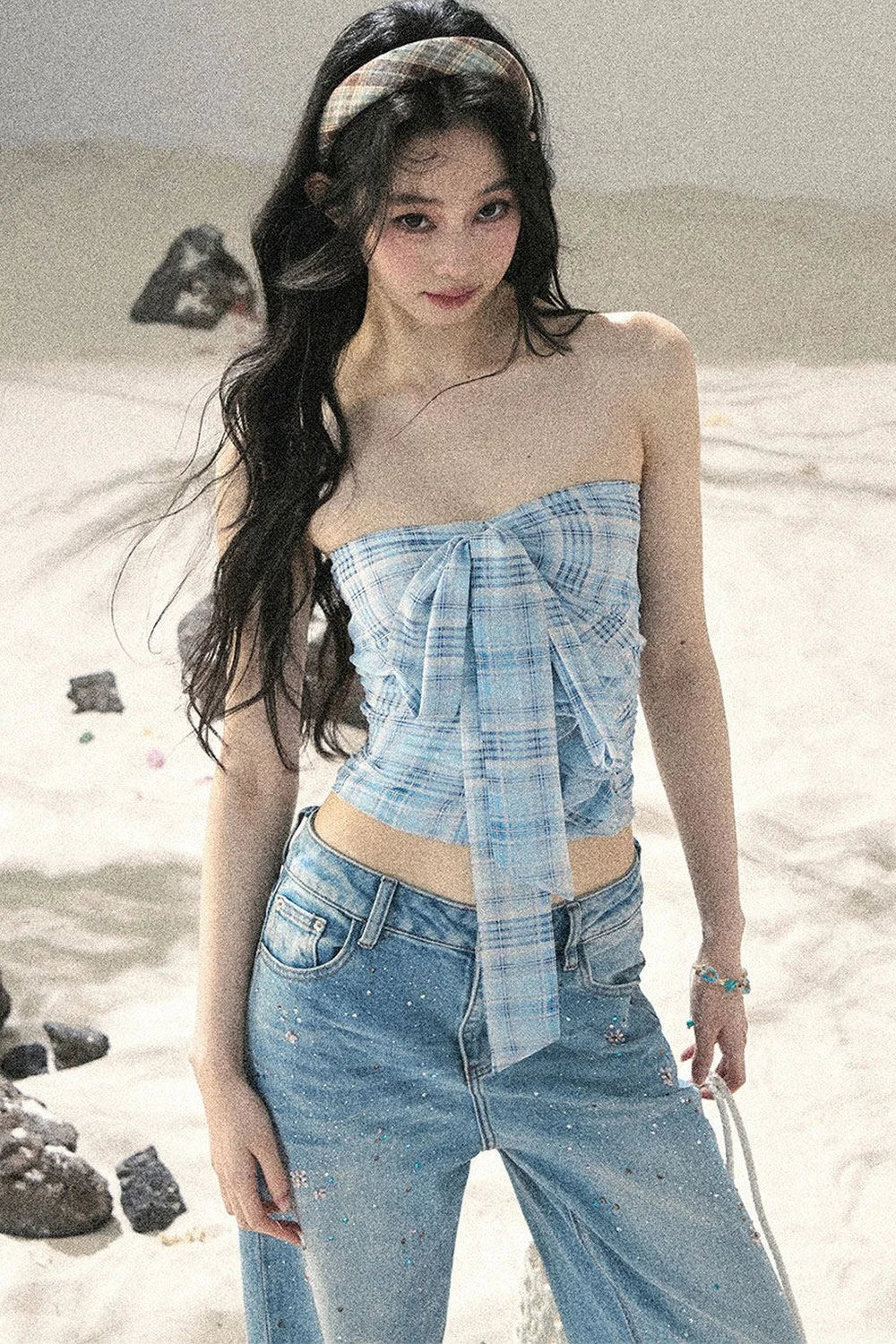 Blue Danube Plaid Bow Tube Top Set-Up