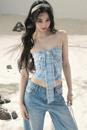 Blue Danube Plaid Bow Tube Top Set-Up
