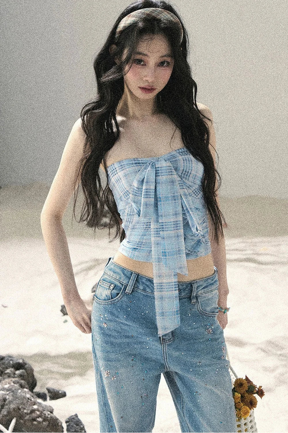 Blue Danube Plaid Bow Tube Top Set-Up
