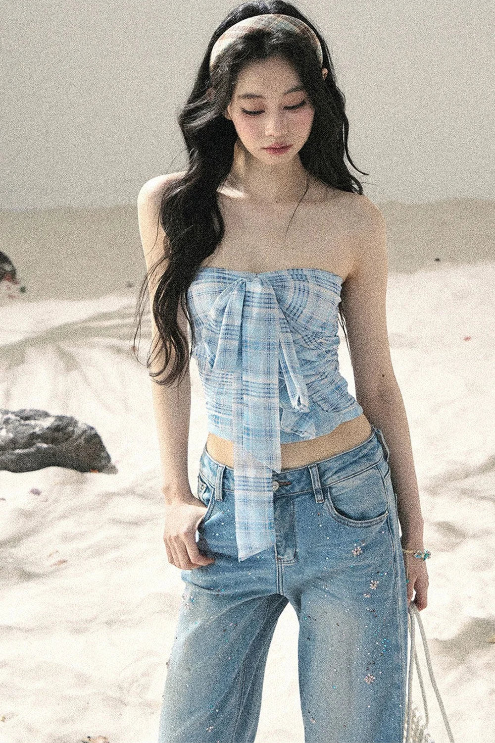 Blue Danube Plaid Bow Tube Top Set-Up