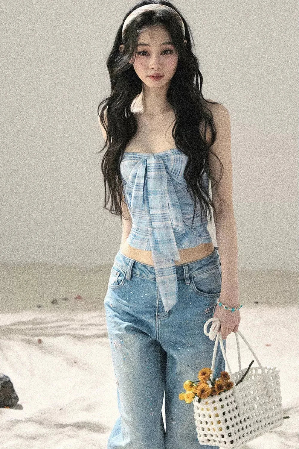 Blue Danube Plaid Bow Tube Top Set-Up