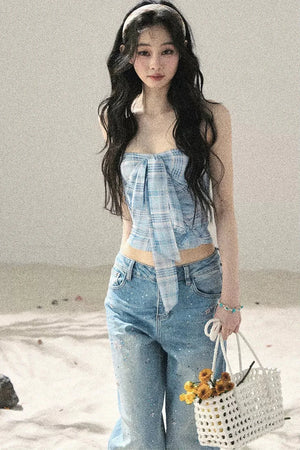 Blue Danube Plaid Bow Tube Top Set-Up
