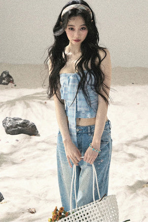 Blue Danube Plaid Bow Tube Top Set-Up