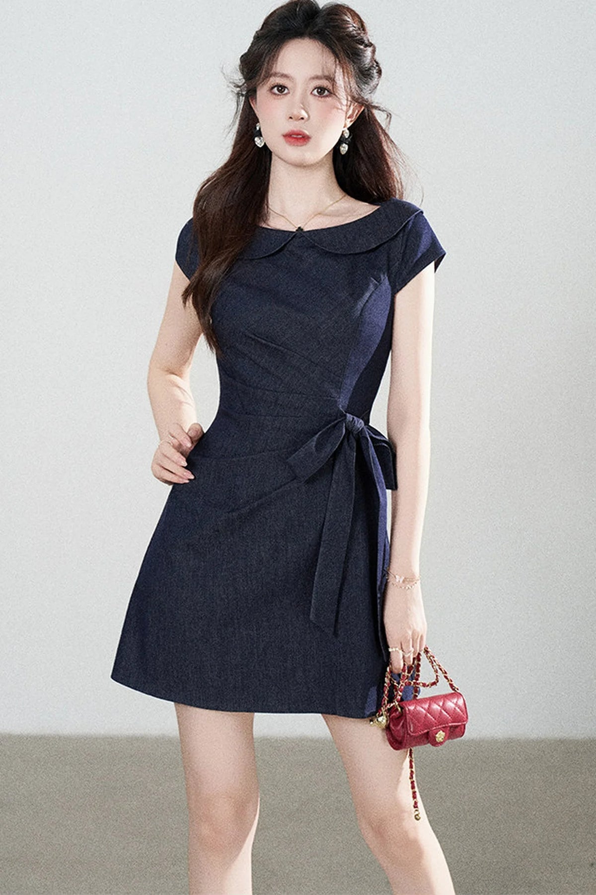 Blue Denim Doll Collar Pleated A-Line Dress