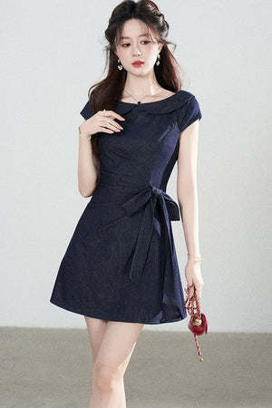 Blue Denim Doll Collar Pleated A-Line Dress