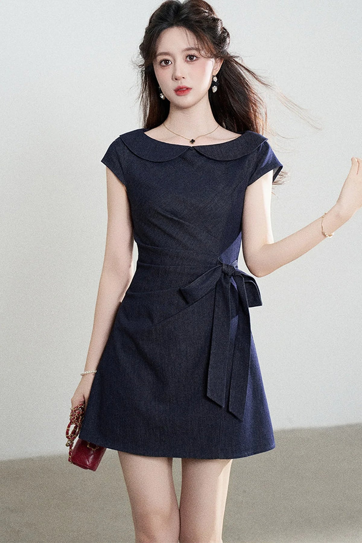 Blue Denim Doll Collar Pleated A-Line Dress