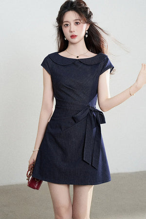 Blue Denim Doll Collar Pleated A-Line Dress