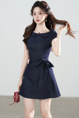 Blue Denim Doll Collar Pleated A-Line Dress
