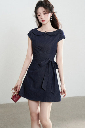 Blue Denim Doll Collar Pleated A-Line Dress