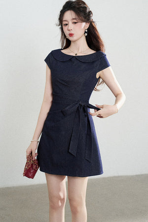 Blue Denim Doll Collar Pleated A-Line Dress