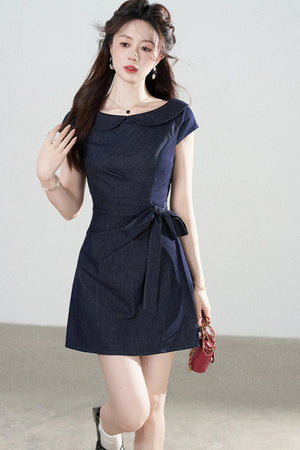 Blue Denim Doll Collar Pleated A-Line Dress