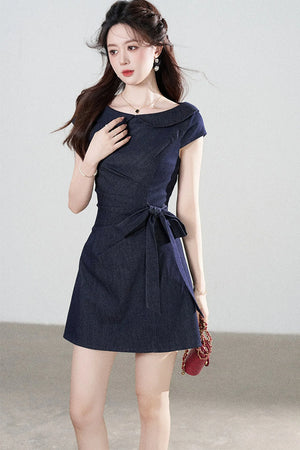 Blue Denim Doll Collar Pleated A-Line Dress