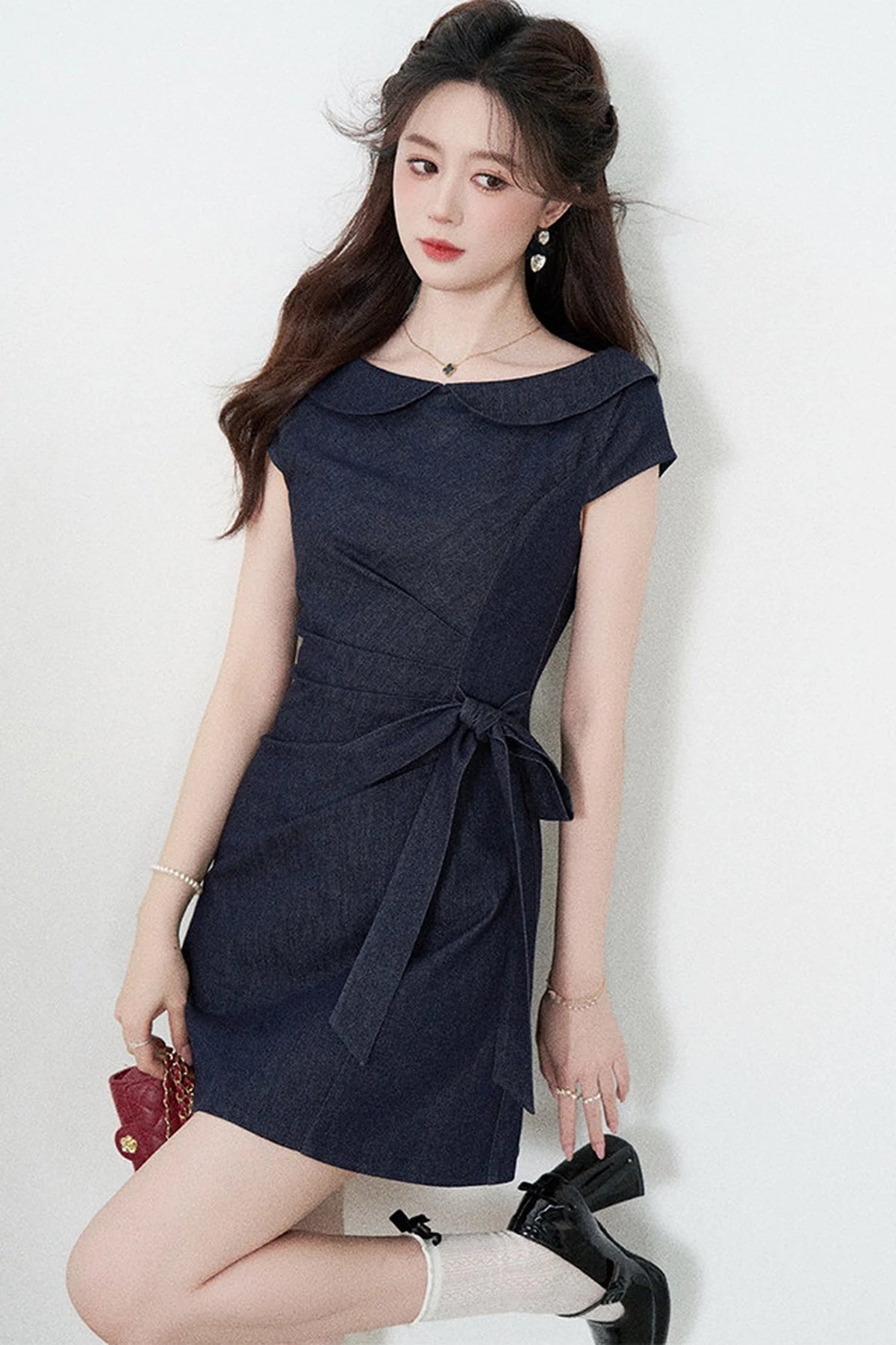 Blue Denim Doll Collar Pleated A-Line Dress