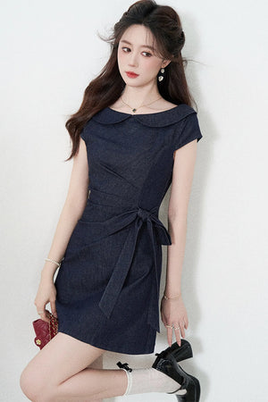 Blue Denim Doll Collar Pleated A-Line Dress