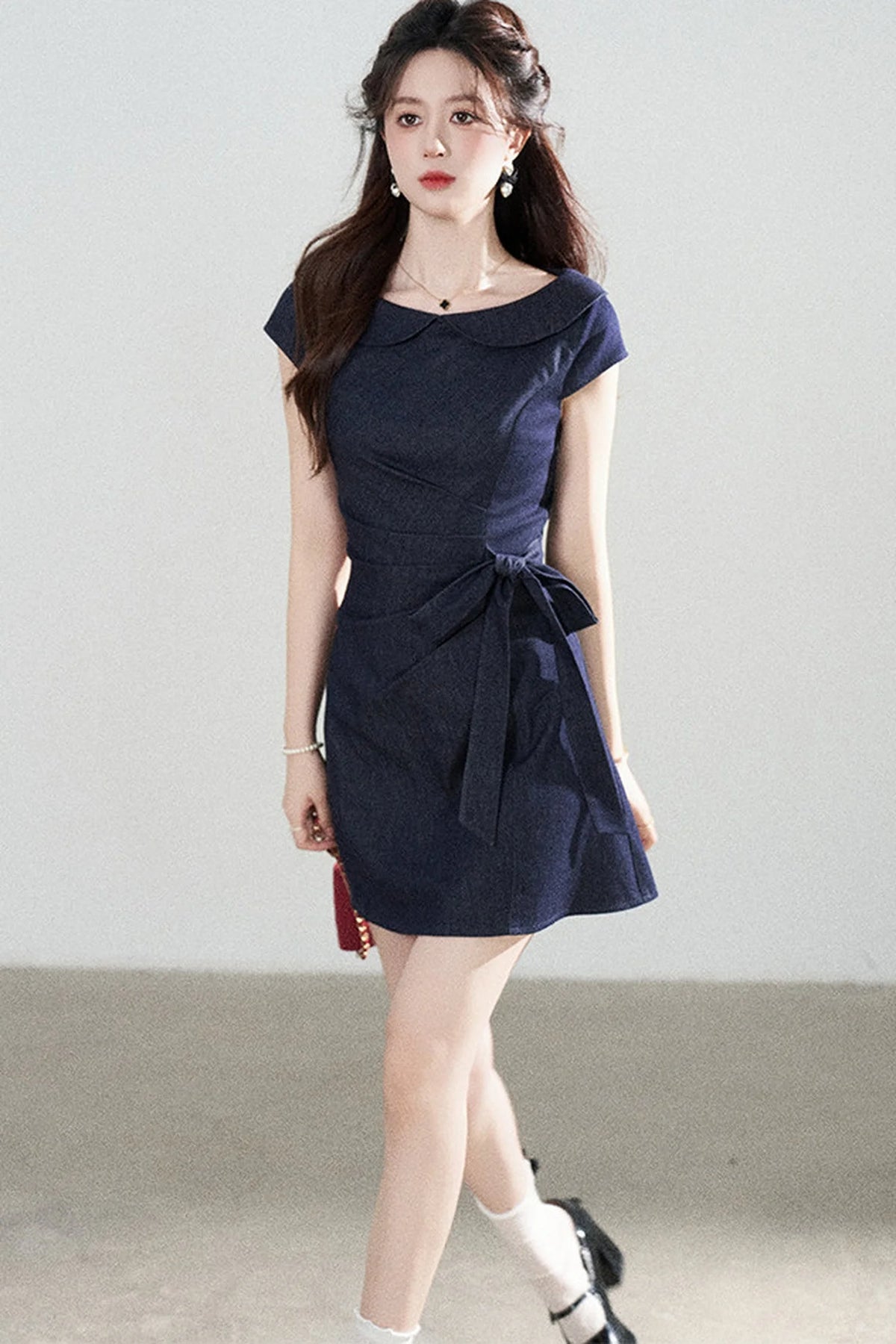 Blue Denim Doll Collar Pleated A-Line Dress