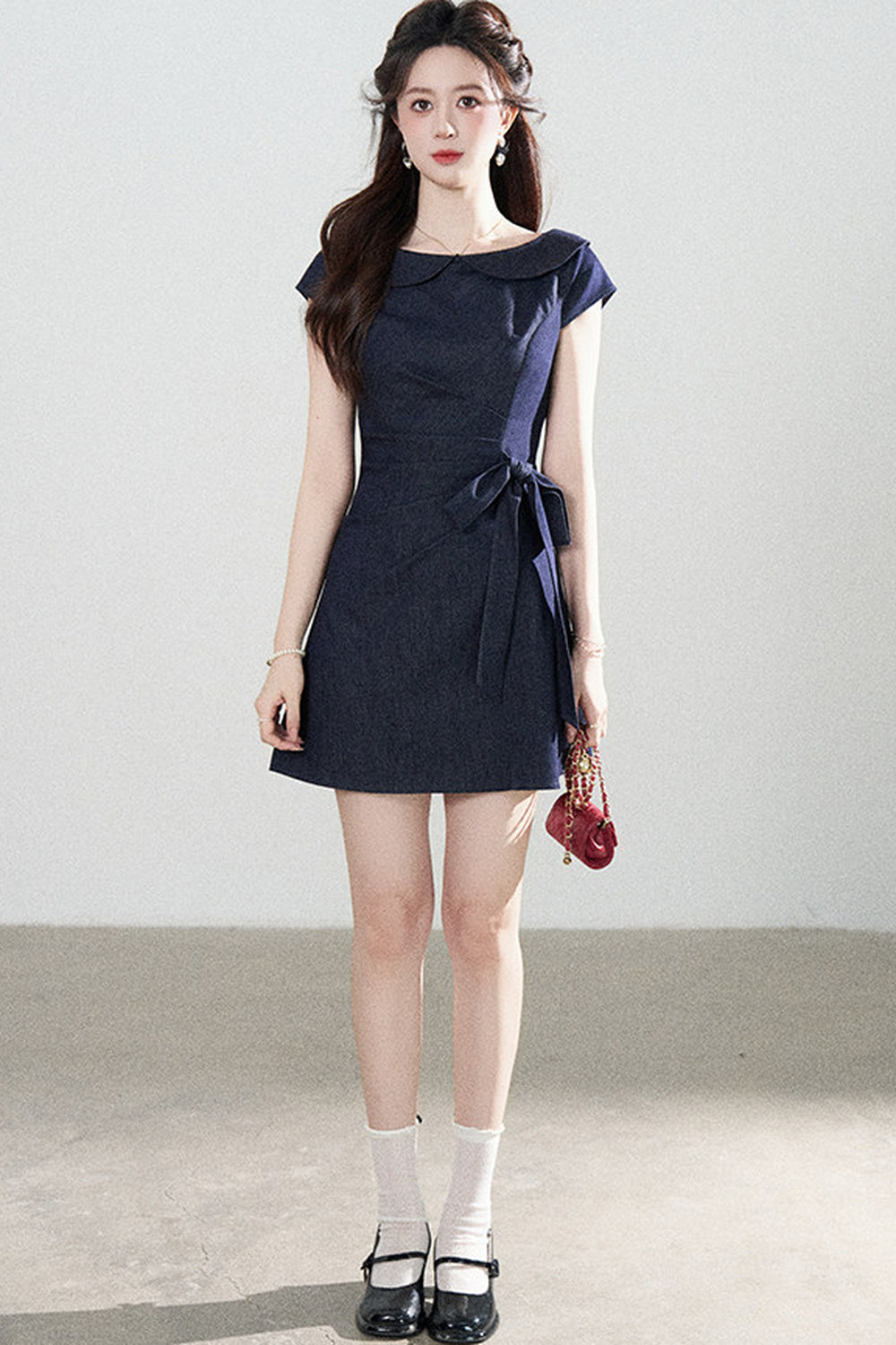 Blue Denim Doll Collar Pleated A-Line Dress