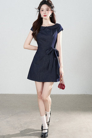 Blue Denim Doll Collar Pleated A-Line Dress