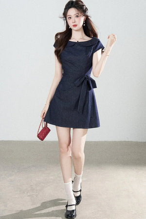 Blue Denim Doll Collar Pleated A-Line Dress