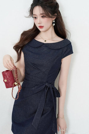 Blue Denim Doll Collar Pleated A-Line Dress