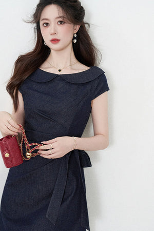 Blue Denim Doll Collar Pleated A-Line Dress
