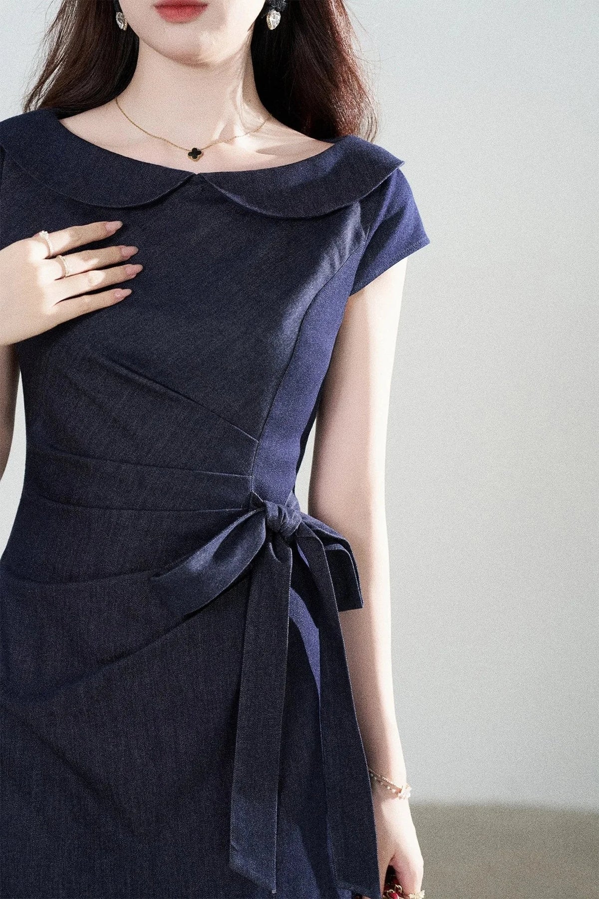 Blue Denim Doll Collar Pleated A-Line Dress