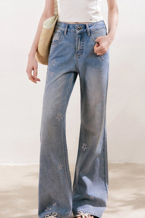 Blue Denim Jeans With Rhinestone Five-Petal Flower