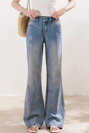 Blue Denim Jeans With Rhinestone Five-Petal Flower