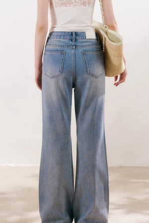 Blue Denim Jeans With Rhinestone Five-Petal Flower
