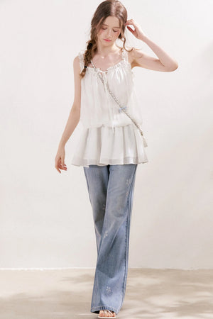 Blue Denim Jeans With Rhinestone Five-Petal Flower