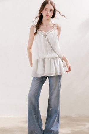 Blue Denim Jeans With Rhinestone Five-Petal Flower