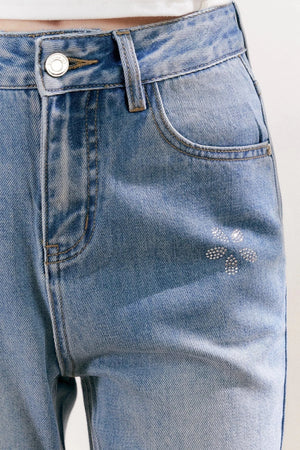 Blue Denim Jeans With Rhinestone Five-Petal Flower