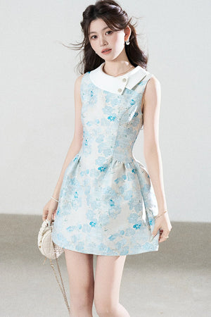 Blue Floral Jacquard Sleeveless Dress