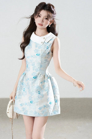 Blue Floral Jacquard Sleeveless Dress