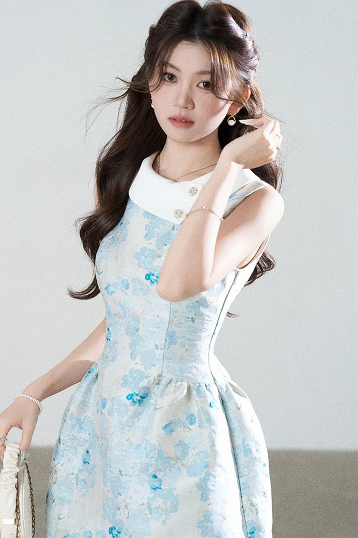 Blue Floral Jacquard Sleeveless Dress