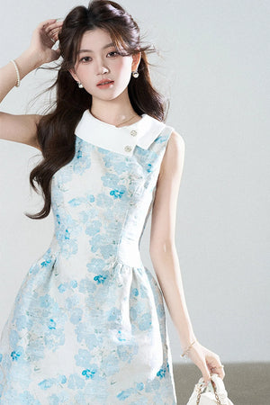 Blue Floral Jacquard Sleeveless Dress
