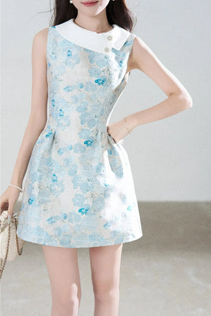 Blue Floral Jacquard Sleeveless Dress