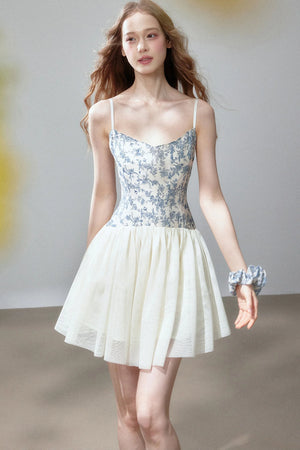 Blue Floral Mesh Strap Mini Dress