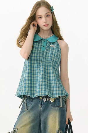 Blue Green Plaid Ruffled Halter Top
