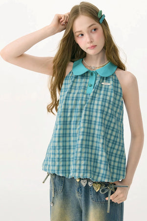 Blue Green Plaid Ruffled Halter Top