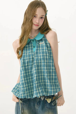 Blue Green Plaid Ruffled Halter Top