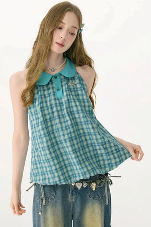 Blue Green Plaid Ruffled Halter Top