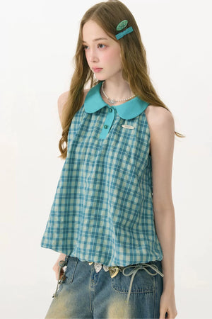 Blue Green Plaid Ruffled Halter Top