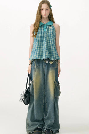 Blue Green Plaid Ruffled Halter Top